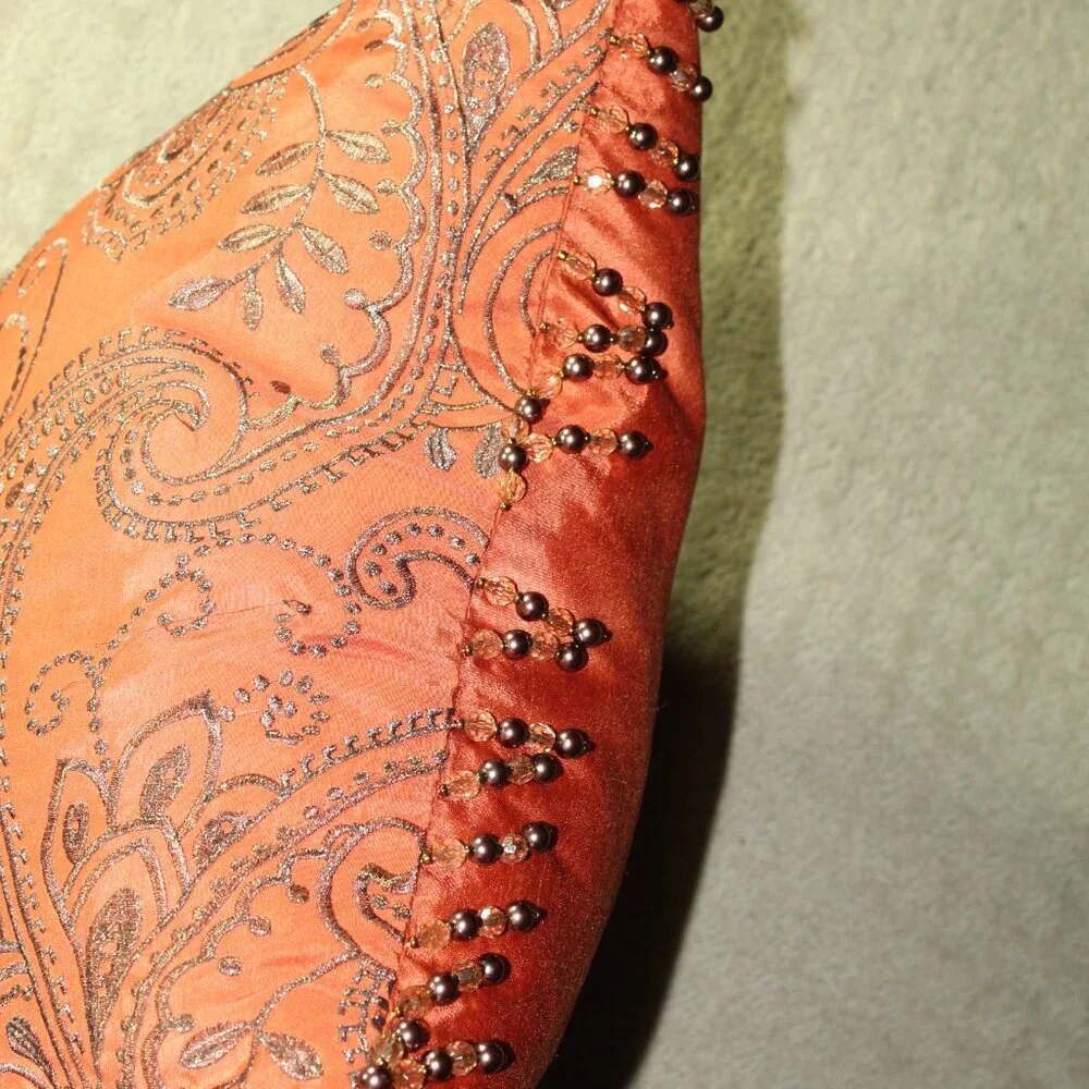 PIER 1 Imports Rust Red Bronze Embroidered Couch Pillows Bead Trimmed Non-Smoke